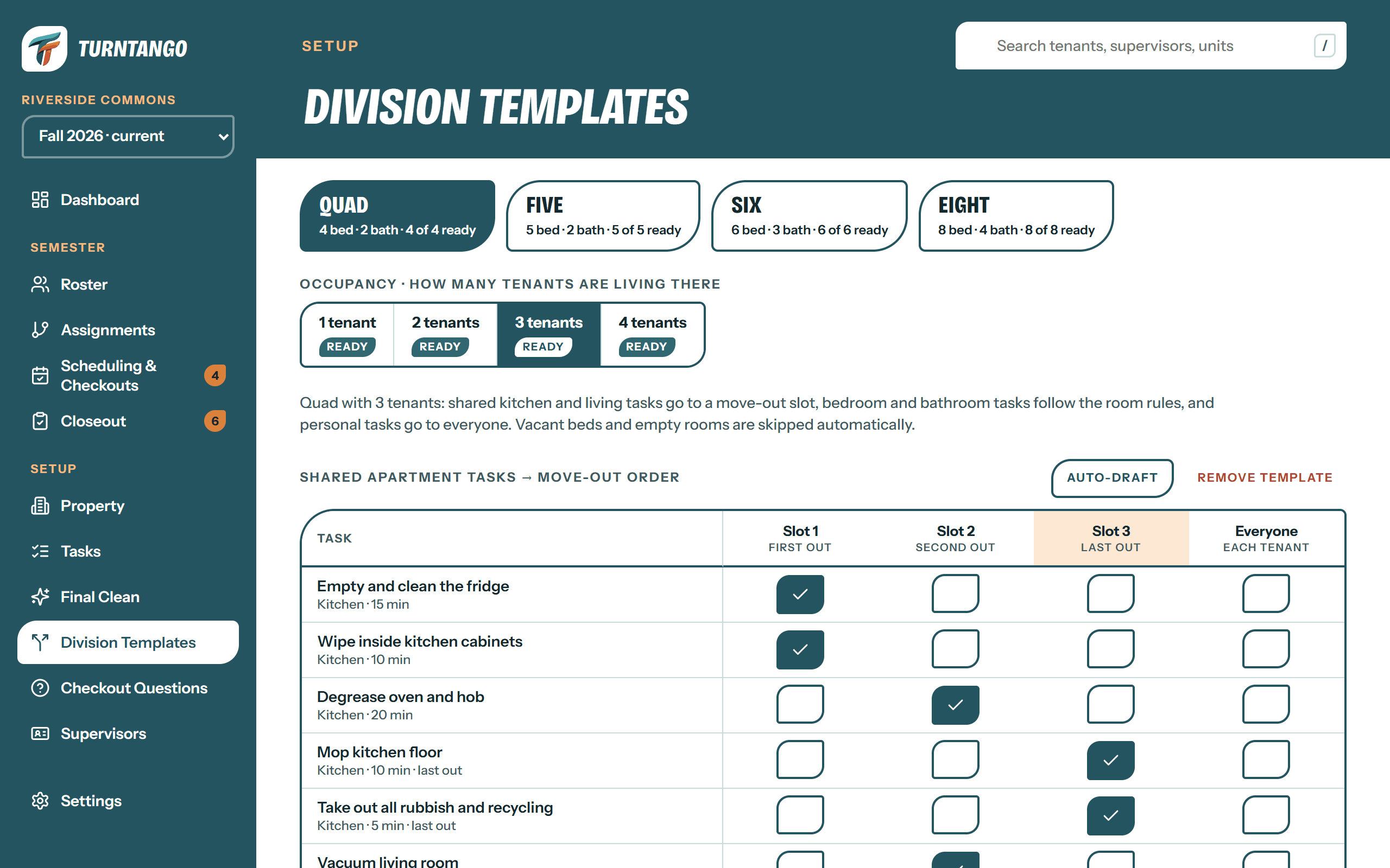 Division template assigning shared tasks by move-out order
