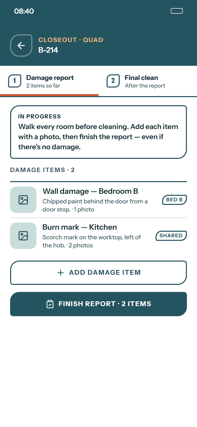 Damage report for apartment B-214